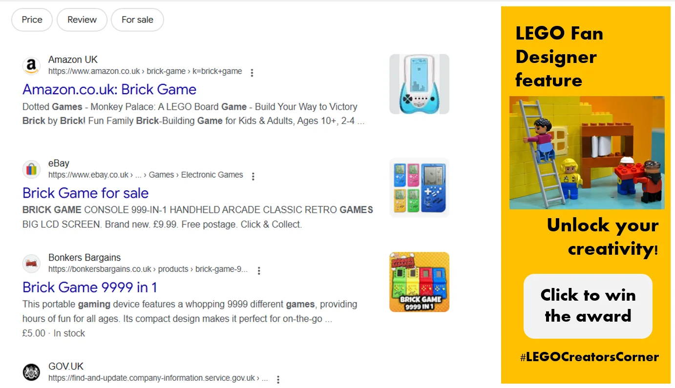LEGO search and ad placement